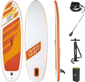 Sup board van witte kleur met oranje accenten.